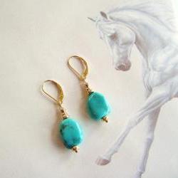 Genuine Sleeping Beauty Turquoise Nugget Solid 14kt Gold Pierced Earrings